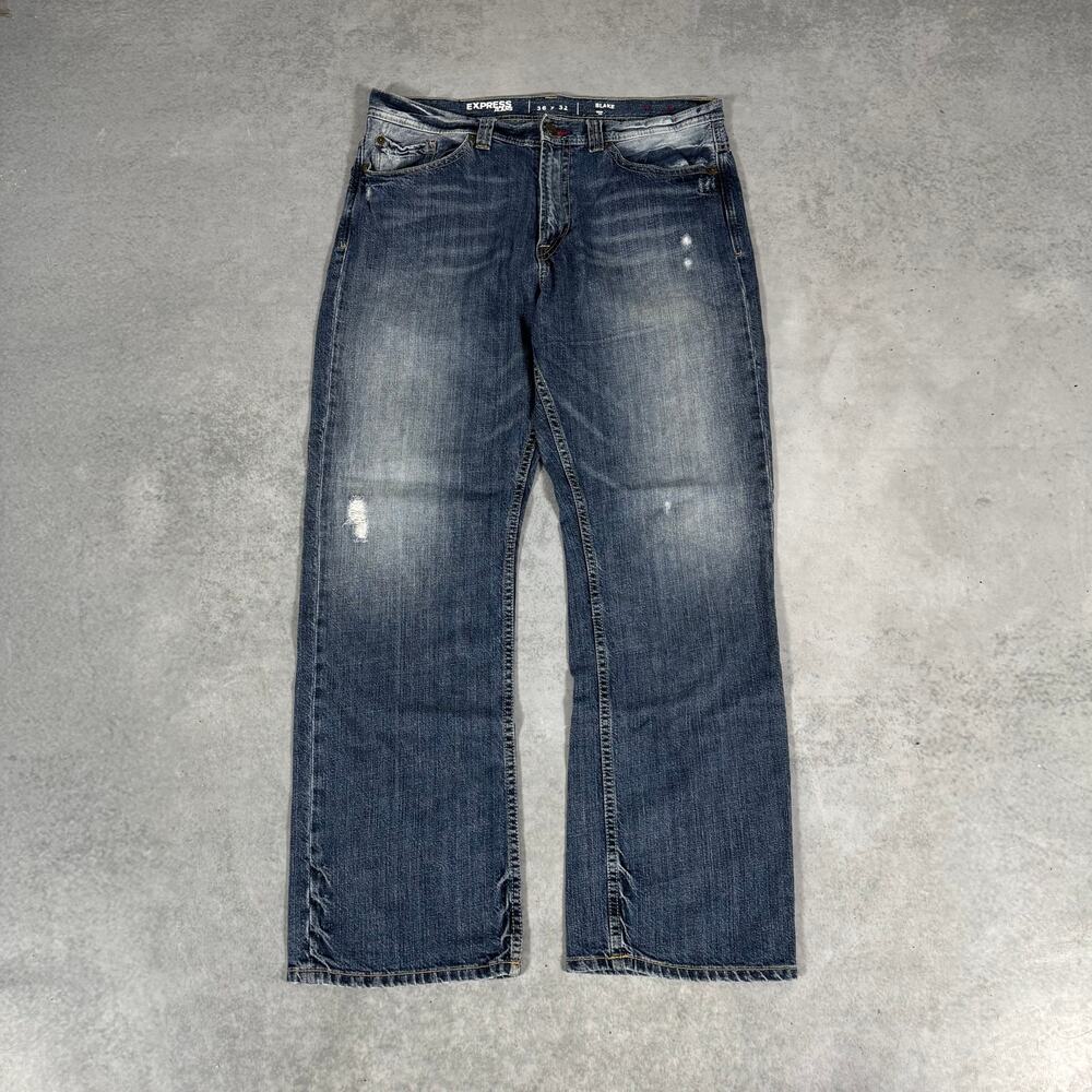 Express Jeans Blake Straight Bootcut Jeans Medium Wash Distressed - Size: 36x32